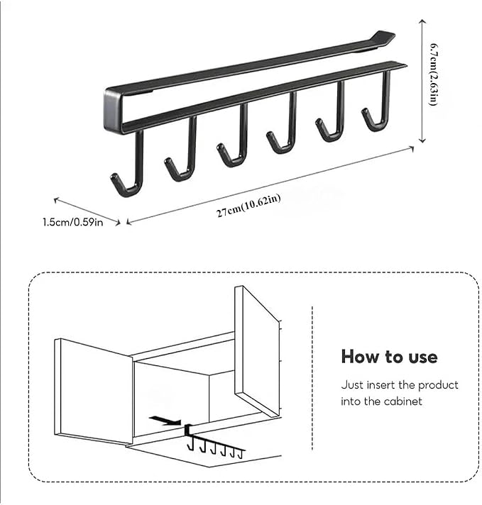 Black Mug Hanger, Under Cabinet Cup Holder Hanging Mug Organizer for Cabinet Nail Free Under Adhesive Coffee Cups Mug Holder Hanger for Cups/Kitchen Utensils/Ties Belts/Scarf/Keys Storage (2pcs)