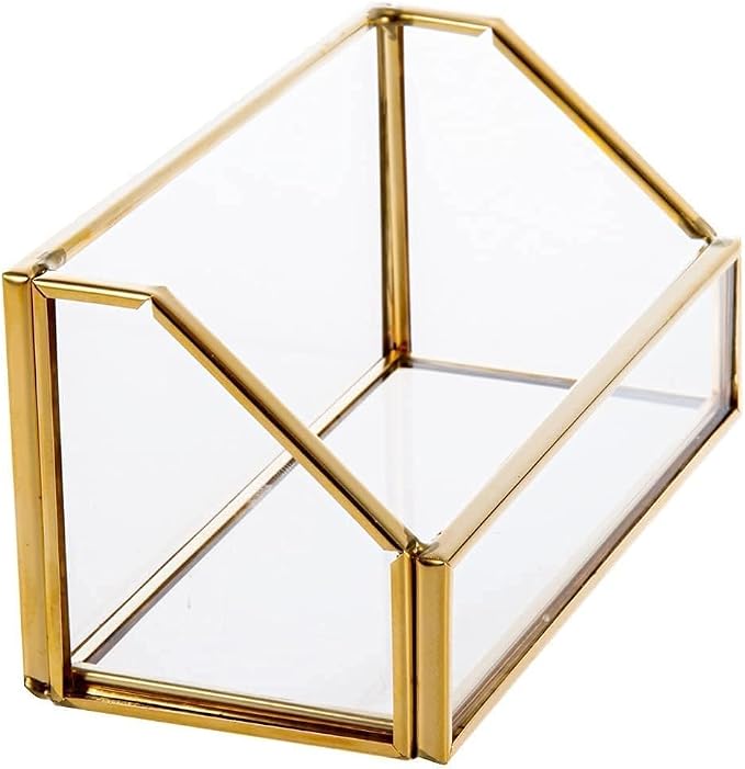 Feyarl Gold Glass Business Card Holder Desktop Name Card Display Office Standard Business Cards Stand Organizer Storage for Office Desk Reception Counter Front Desk