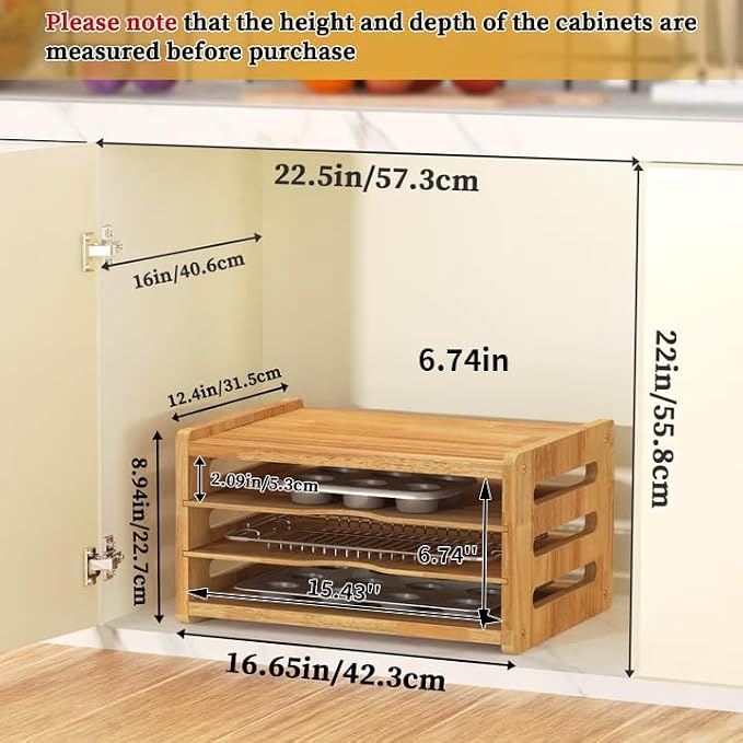 4 Tier Rubber Wood Tray Dividers for Cabinets, Heavy Weight Kitchen Vertical Tray Divider Organizer, Storing pans, Baking trays, Cutting Board(16.7" W x 8.9" H x 12.4" D)