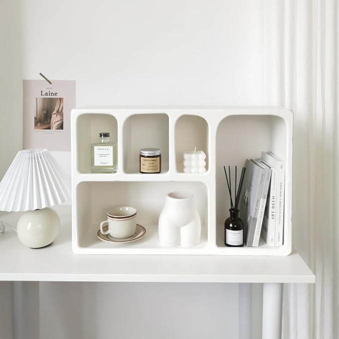 Wall Mounted Storage Cabinet, Floating Wall Shelf with 5 Compartments Open Storage Rack Freestanding Storage Organizer White for Kitchen Study Room Living Room Bathroom