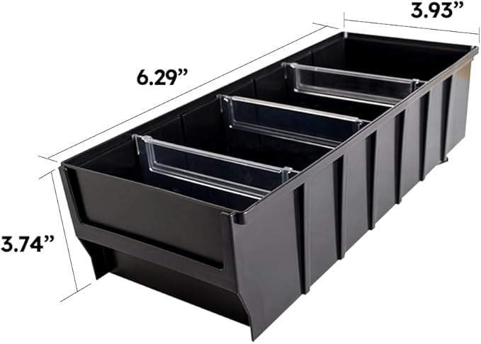 Storage Bin, Multibox RK401606 With 4 Dividers, Drawer Organizer, Multipurpose Plastic Stacking Container, Black, 16x4x6 Inches, Medium Size, 12 pack