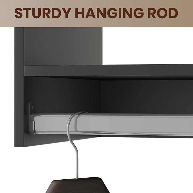 ROOMTEC Modular Closet System, 52" Wall-Mounted Closet Organizer with Drawers and Hanging Rods, Wooden Tower for Walk-In Closets, Wardrobe Storage Kit, Black
