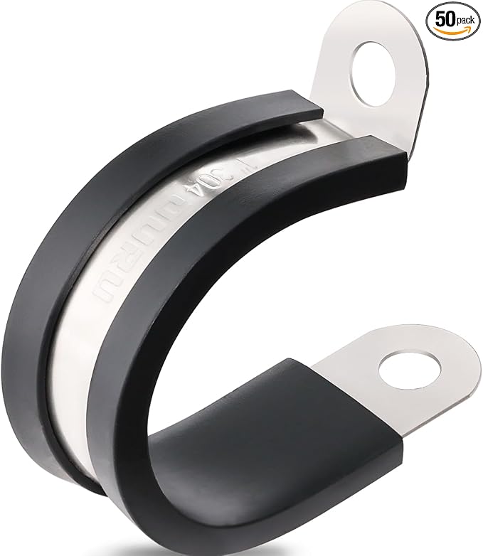 OURU 50PCS Cable Clamps 1 Inch 304 Stainless Steel Cable Clamps Rubber Coated Cushioned Insulated Cable Clamp,Automotive Wire Clamps,Pipe Clamps,Metal Clamp for Tube,Wire Cord Installation(25mm)