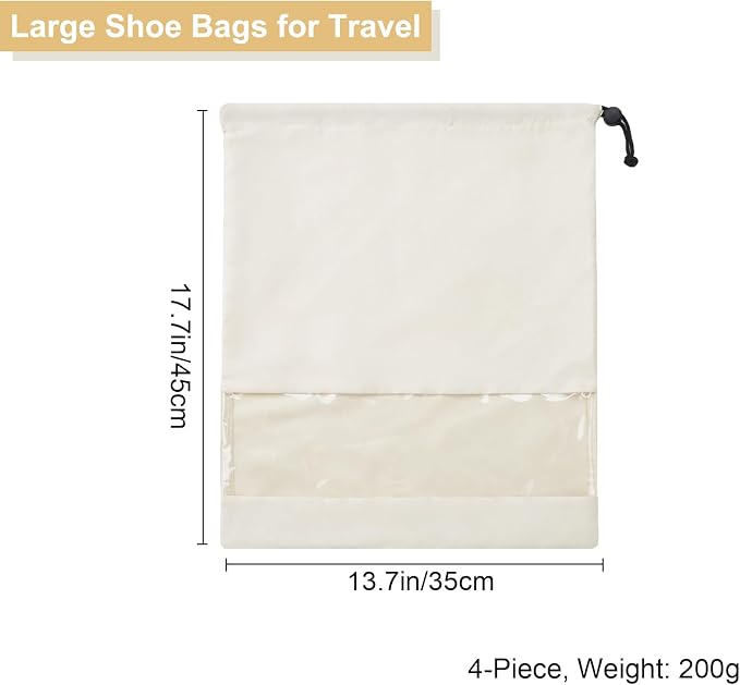 4 Pcs Shoe Bags for Travel with Clear TPU Window, 13.8"x17.7" Dustproof Travel Shoe Bags, Drawstring Travel Shoe Storage Bags for Men & Women (Beige)