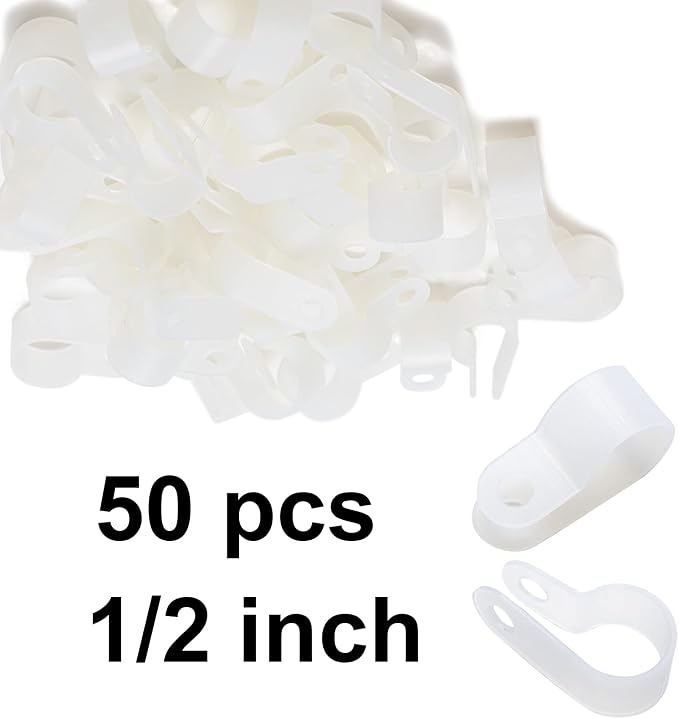 50 Pack 1/2'' P-Style Rope Light Clips with Stainless Steel Screw | Outdoor Mounting Clips/Cable Clips Clamps/Wire Management/Electrical Wiring/Concealed Wiring/Cord Installation/Christmas