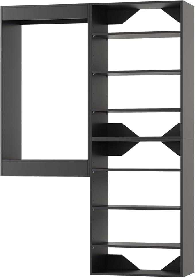 Modular Closet Organizer, 64" Wide Tower System with Hanging, Wood Tower Storage for Walk-In Closets, Wall Mounted Wardrobe Organizer Kit, Bedroom, Black