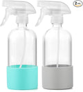 Glass Spray Bottles (2-Pack) with Silicone Sleeve - 16oz Empty Refillable Bottles - Adjustable Nozzle for Hair, Plants, Cleaning & DIY Solutions - Mint Green & Grey