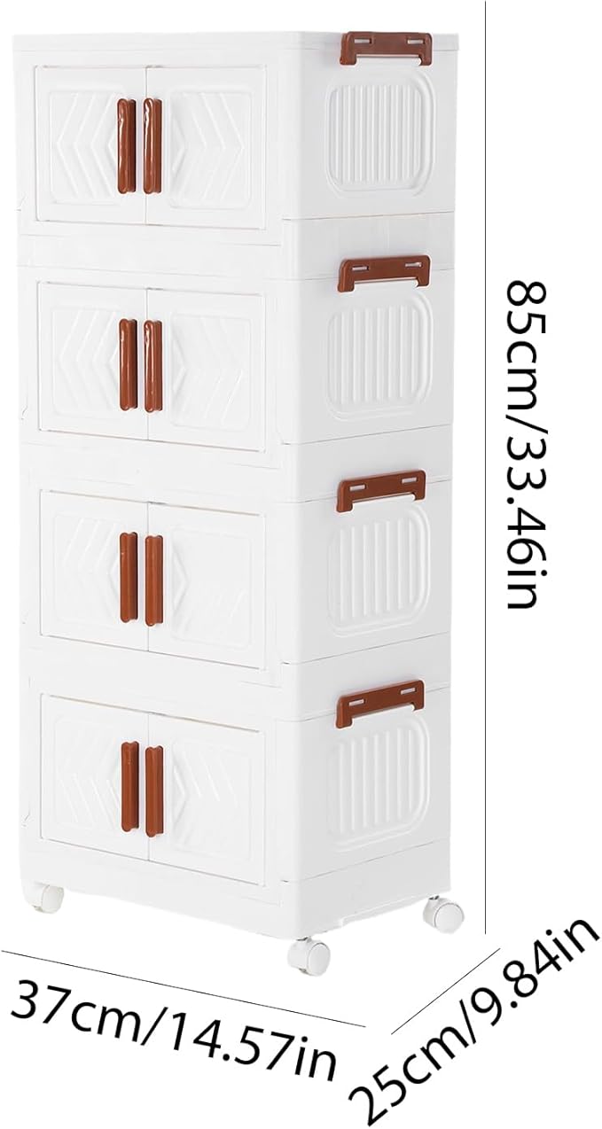 4 Tier Stackable Storage Bins with Lids & Magnetic Doors, Plastic Collapsible Storage Bins with Wheels Stackable Storage Containers Organizers Cabinet for Entryway
