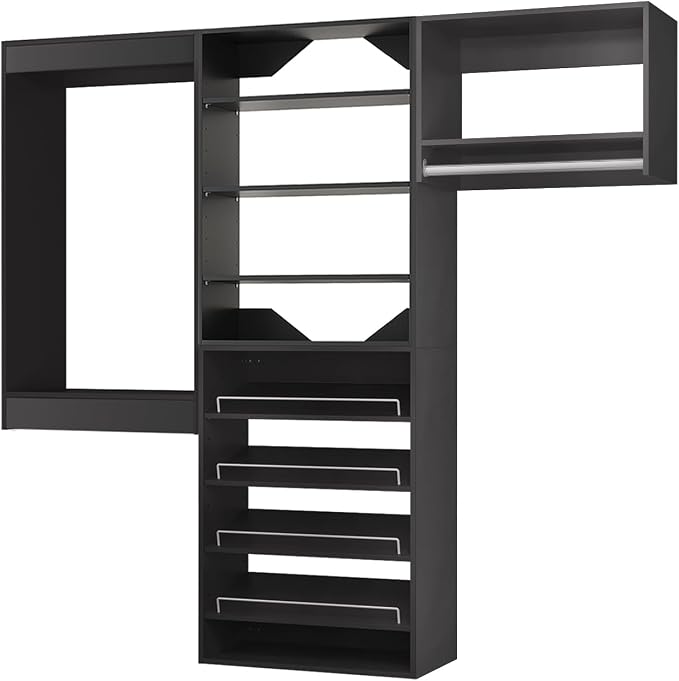 ROOMTEC Modular Closet System, 66" Wall Mounted Modern Closet Organizer with Hanging Rods and Shoe Shelf, Wooden Tower for Walk-In Closets, Wardrobe Storage Kit, Black