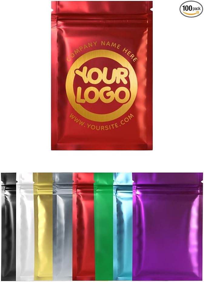 100PCS Customized Resealable Mylar Pouch,Airtight Zip Bag,Flat Packaging Bag,One Color Logo Printing for Logo/Text/QR Code (Red, 8.5 * 13CM/3.4"*5.1"-One Color Print)