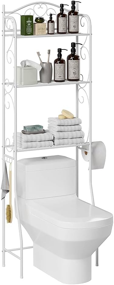 HOME BI Over The Toilet Storage Shelf, 3-Tier Over Toilet Bathroom Organizer Rack, Freestanding Space Saver Toilet Stands with Hooks (White)