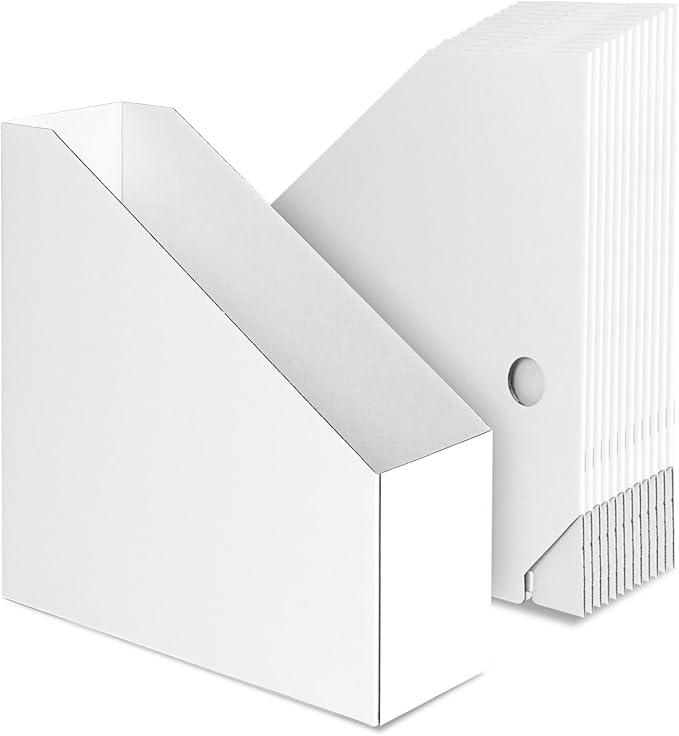 Rempry 12 Pack Magazine File Holders White, Foldable Cardboard Document Organizer Boxes with Labels, Space-Saving Storage for Office, Home, School, 10.2x3.5x10.6 Inchs
