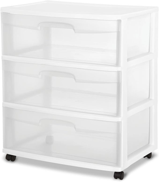 Sterilite Wide 3 Drawer Storage Cart, Plastic Rolling Cart with Wheels to Organize Clothes in Bedroom, Closet, White with Clear Drawers, 1-Pack