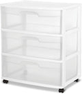 Sterilite Wide 3 Drawer Storage Cart, Plastic Rolling Cart with Wheels to Organize Clothes in Bedroom, Closet, White with Clear Drawers, 1-Pack