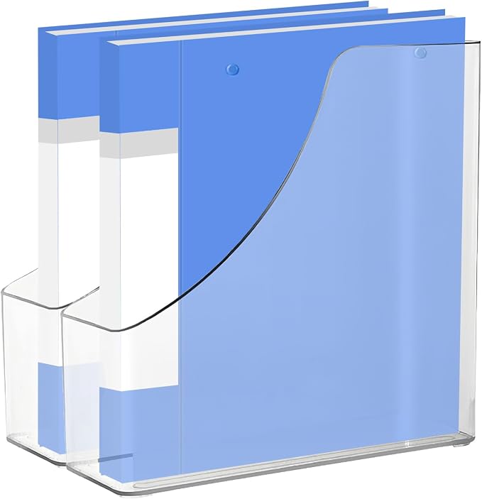 2 Pack Vertical File Holder Clear PET Desk Organizer and Storage Bins Holding for Magazines Binders Notebooks Envelopes File Organizer for Desk Multi-Purpose Plastic Document Organizer Work Desktops