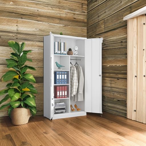 Yizosh Metal Armoire Wardrobe Closet Cabinet for Hanging Clothes with Lock Doors, -72" Steel Lockable Wardrobe Storage Locker Clothes Organizer for Bedroom, Laundry Room (White)