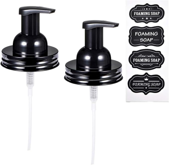SheeChung 2 Pack Mason Jar Foaming Soap Dispenser Lids for Standard Mouth, Foaming Soap Dispenser Pump Replacement for Hand Sanitizer, Bath Liquid, Facial Cleansing Foam, Makeup Remover Water - Black