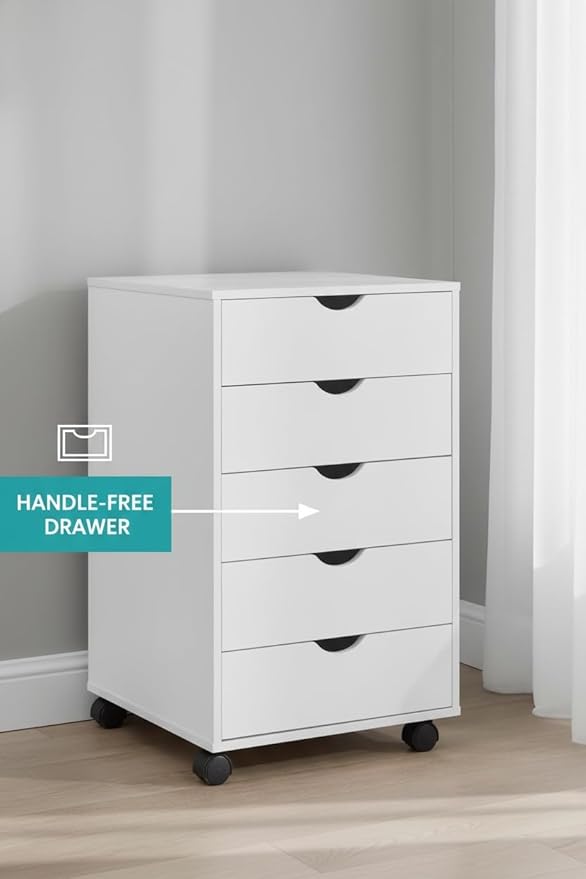 Naomi Home 5-Drawer Rolling Chest, White, Smart Storage with Metal Slide Glides & Smooth Wheels, Compact Space-Saver, Easy Assembly, Durable Engineered Wood