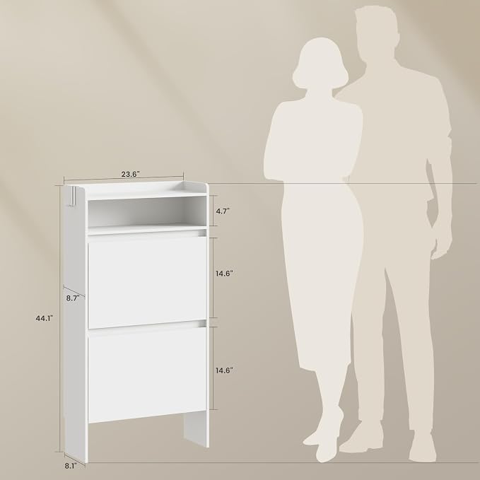 Shoe Cabinet Organizer with 2 Flip Drawers, Freestanding Shoe Rack Cabinet, Narrow Shoe Cabinet Storage for Entryway, Foyer, Hallway, White, 23.6" W