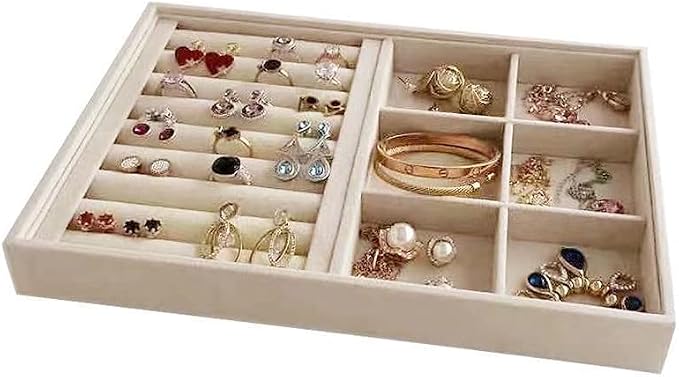 Premium Grade Beige Velvet Jewelry Organization Trays Rings and Accessory Stacklabe Organizer Drawer Insert Closet Divider Table Top