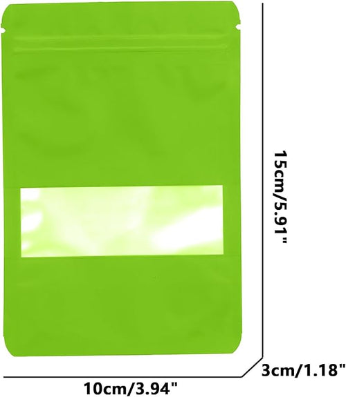 100PCS Foil Pouch Mylar Bags with Clear Window,ULIFESTAR Stand Up Sealable Bags with Tear Notches,Resealable for Food,Party Favors,Gift Packaging etc(10 * 15cm/3.94 * 5.91",Green)