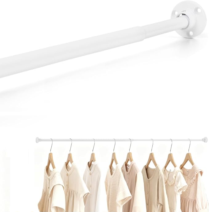 TYRON Small Thin Skinny Closet Rod for Hanging Clothes, 1/2" Diameter, 18 to 30 In. Adjustable Slim Closet Rod, Metal Closet Bar Hanging Rod for Closet Wardrobes Laundry RV (White,1 Pcs)