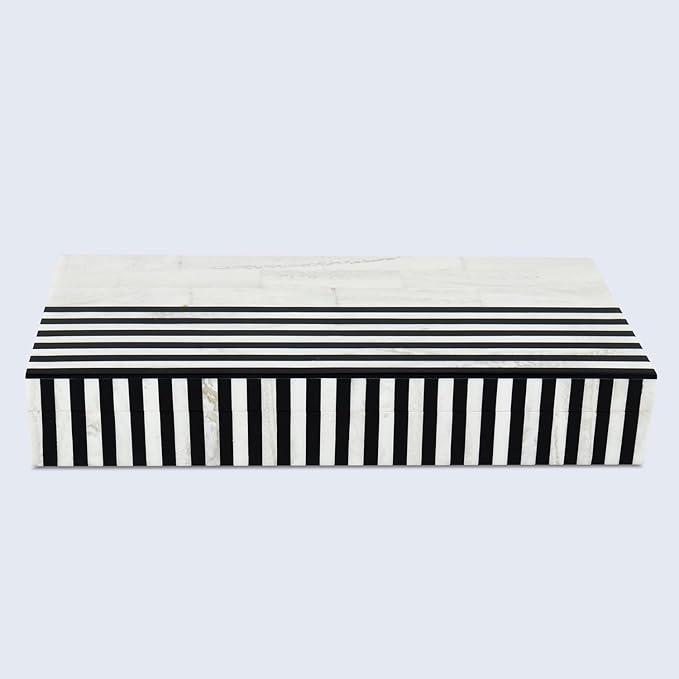 Handicrafts Home Large Decorative Storage Box with Lid – Black White Modern Storage Box, Remote Control Organizer for Coffee Table, Console & Living Room Decor – Mono Lead 12 x 6 x 2