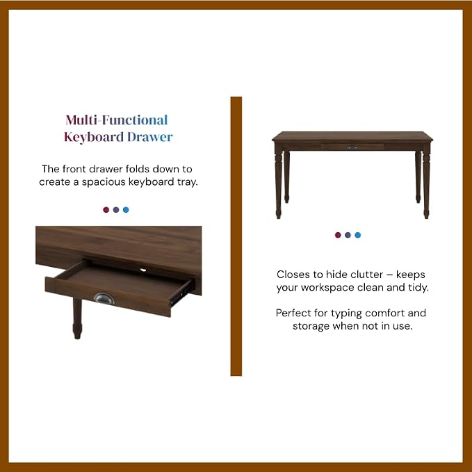 Polibi 60" Farmhouse Writing Desk with Drawer Keyboard Tray (Chestnut) | Turned Legs, Quick Assembly, Pre-Assembled Top, For Home Offices, Writing, Computer Workstations.