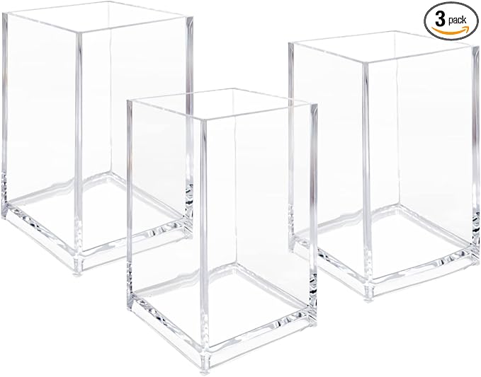 Newkita 3 Pack Clear Acrylic Cosmetic Pencil Pen Holder Cup, Clear Makeup Brush Holder, Desk Acrylic Brushes Storage