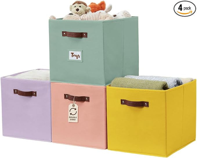 DECOMOMO Storage Baskets, 13x15x13 Storage Cube Bins with Labels for Organizing Shelves Kallax (Kallax / 4pcs, Rainbow)