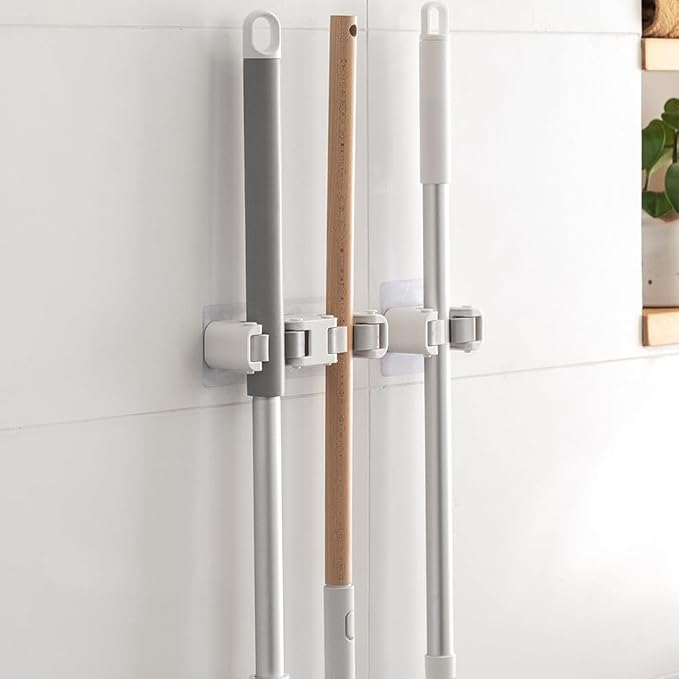 Broom Holder Wall Mount Mop and Command Broom Hanger Organizer Wall Mount Self Adhesive (Double clip)