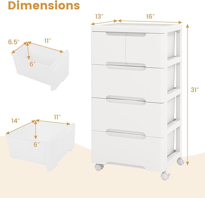 LOKO 5-Drawer Plastic Rolling Storage Cart (16"x13"x31") | Mobile Storage Cabinet | Vertical Storage Tower Container Unit | 4 Universal Wheels | For Living Room, Home Office