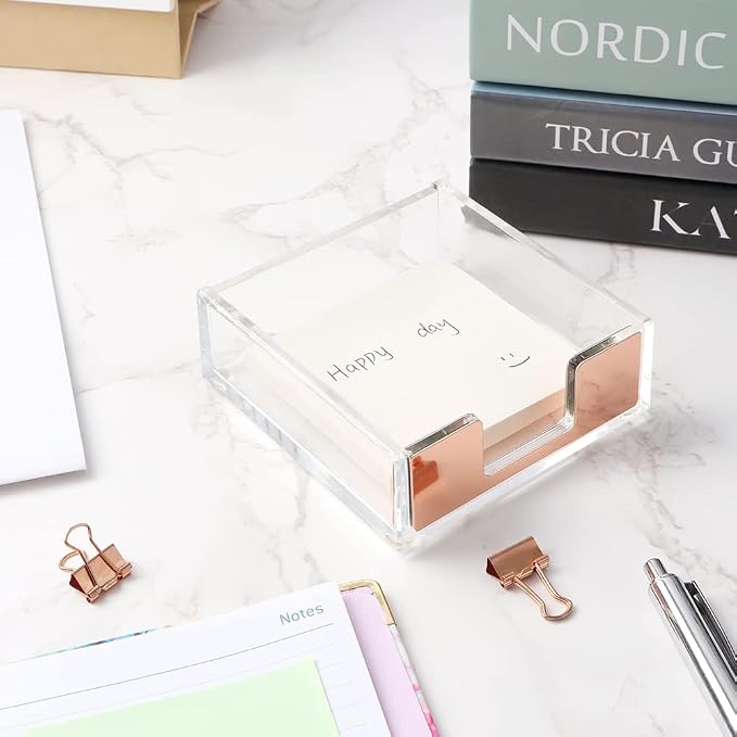 NatSumeBasics Rose Gold Clear Acrylic Sticky Note Holder, Desktop Memo Cube Holder Note Pad Dispenser, Aesthetic Desk & Office Accessories