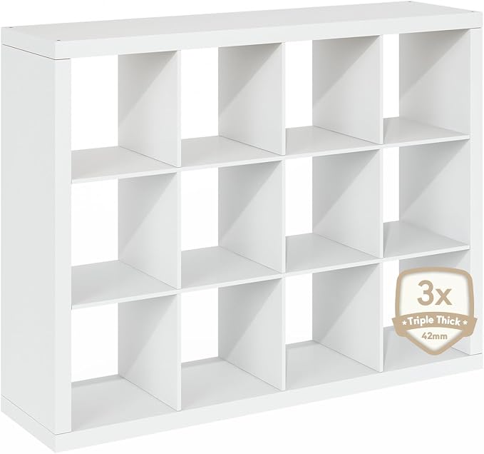 Furinno Cubicle Book Shelf, 12-Cube Bookshelf, Triple Thick Frame Cube Storage Organizer, 1.65" Thick Bookcase, 15.4" x 57.4" x 43.4", for Home Office, Living Room, Plain White