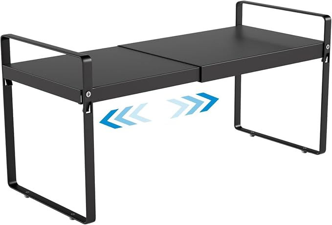 11" Deep Expandable Cabinet Organizer Shelf Riser, 14-25" Adjustable Heavy Duty Metal Pantry Storage Rack for Kitchen Cupboard, Under Sink & Countertop, 10" High Space Saver, 1-Pack Black﻿