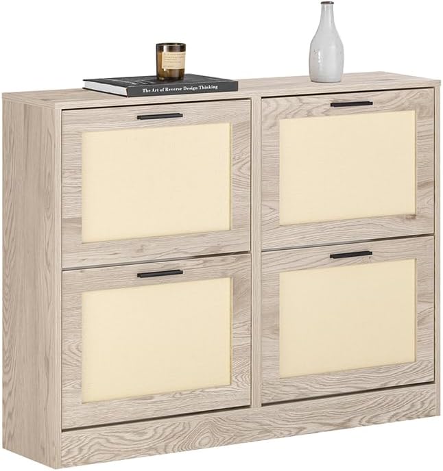 SoBuy Shoe Storage Cabinet for Entryway | Freestanding Shoe Organizer Cabinet 4 Drawers, Narrow Slim Hidden Shoe Rack, Natural, FSR170-N