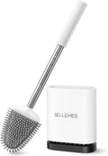 Sellemer Silicone Toilet Brush, Ventilation Slots Base Holder 1 Pack, White | Flexible Bristles Flat Head for Rim, Hair Tangle-Free, Easy to Clean, Compact Design, Rustproof Handle, for Toilet/Sink/Tub