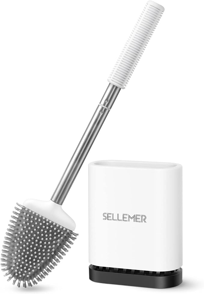Sellemer Silicone Toilet Brush, Ventilation Slots Base Holder 1 Pack, White | Flexible Bristles Flat Head for Rim, Hair Tangle-Free, Easy to Clean, Compact Design, Rustproof Handle, for Toilet/Sink/Tub