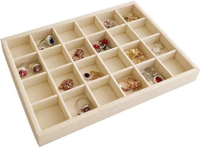 Premium Grade Beige Velvet Jewelry Organization Tray 24 Grids Removable and Rearrangeable Dividers Drawer Insert Closet Organizer Stackable