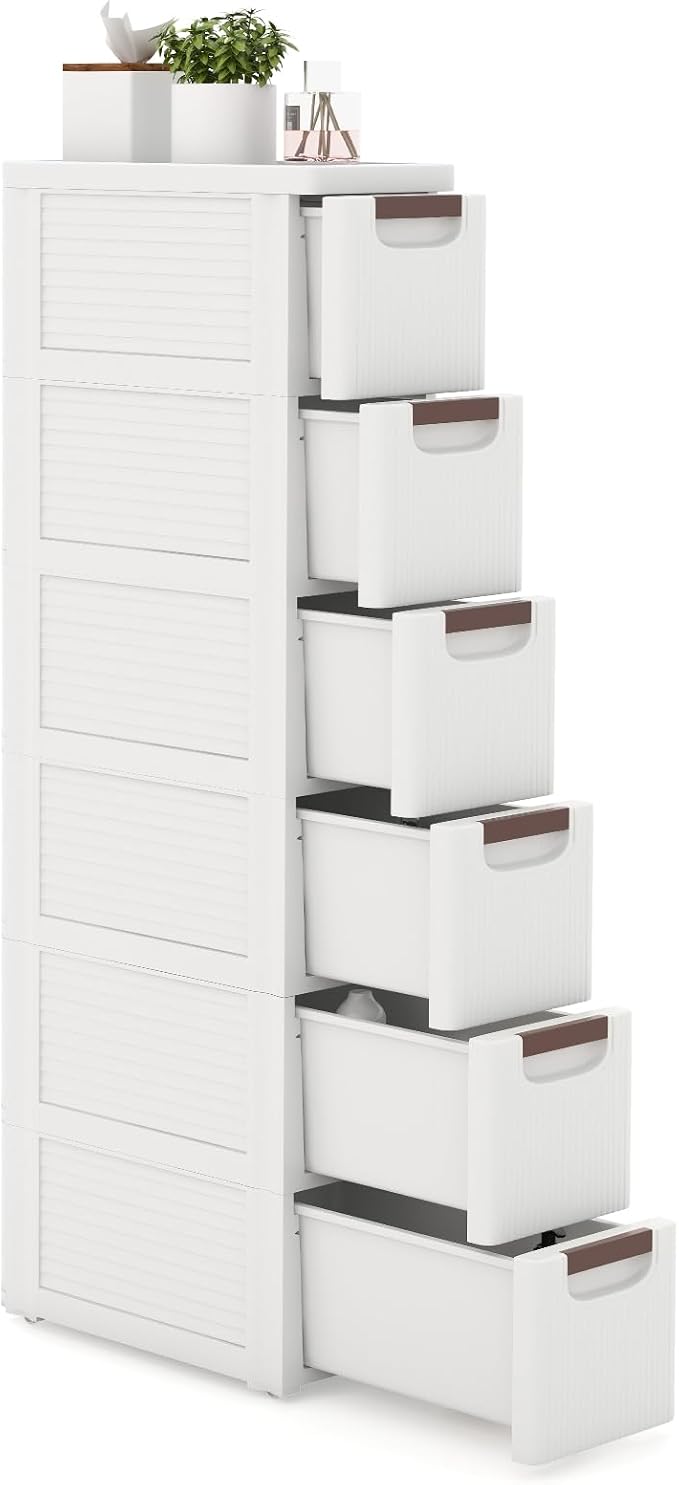 LOKO 6-Drawer Narrow Storage Cabinet, Slim Rolling Cart (7.5"x16.5"x43") | Mobile Plastic Cart Container | Pull Handles & Built-in Wheels | For Living Room, Kitchen, Bathroom, Office