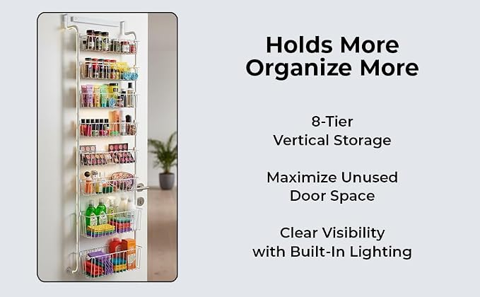 Over Door Organizer Storage - 8 Tier White Metal Over the Door Pantry Organizer Heavy Duty Hanging Storage Rack, Behind Cabinet Shelves for Home, Kitchen, Bathroom, Closet, Pantry