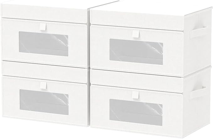 Transparent Window Storage Bin, Cube Organizer Basket with Flip-Top Lid and 2 Handles, Decorative Boxes with Cover, 4 Pack, White, 10.2 x 7.9 x 6.7 In, XSNY17WS-4