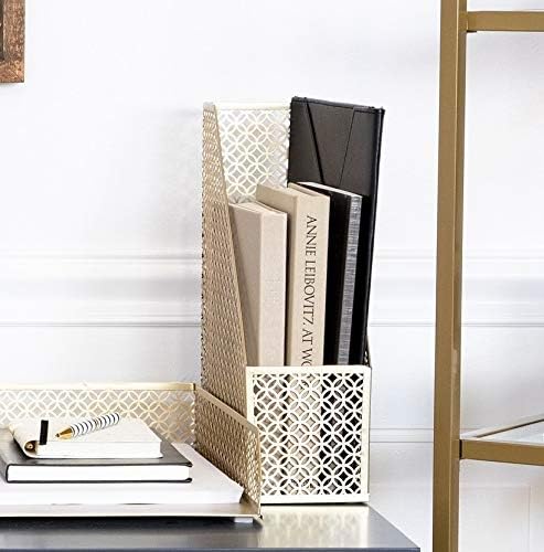 BLU MONACO | Gold Metal Magazine File Holder | Decorative Vertical File Organizer & Book Holder for Desk, Shelves & Office | Stylish Paper Organizer & Workspace Storage
