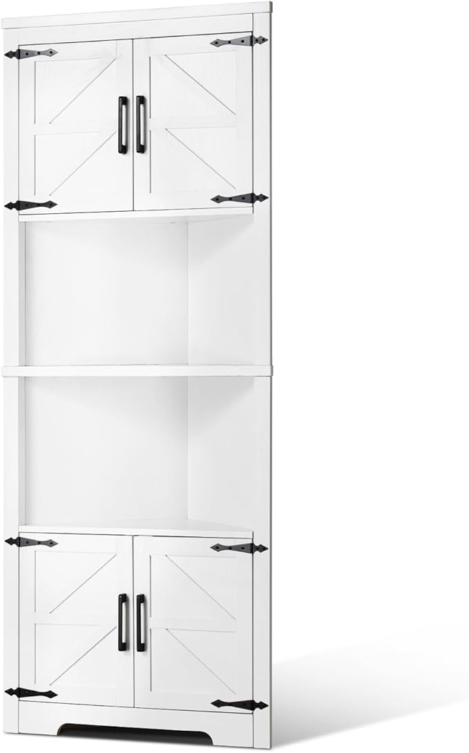VEVOR 68" Tall Corner Storage Cabinet, 6 Tiers Farmhouse Storage Cabinet with 4 Wooden Doors & Adjustable Shelves, Freestanding Corner Kitchen Cabinet for Living Room, Kitchen, Laundry Room, White