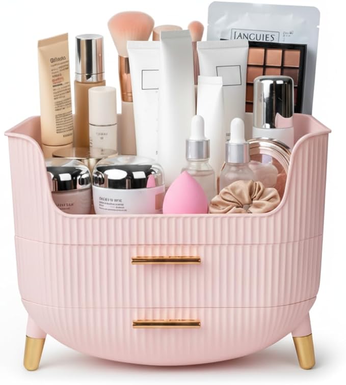 HALAFE Makeup Organizer with Drawers, Skincare Storage Box for Vanity, Multiple Compartments, Portable Cosmetic Display Case with Handle, Large Make up Organizers for Dresser, Bathroom, Bedroom, Pink
