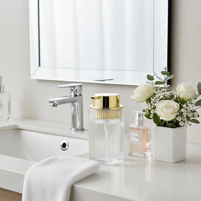 Foaming Soap Dispenser, Bathroom Clear Glass Foam Soap Dispenser, Refillable 12 Oz Foam Pump Bottle Container with Gold Pump, Decorative Slim Ribbed Dish Soap Dispenser for Kitchen
