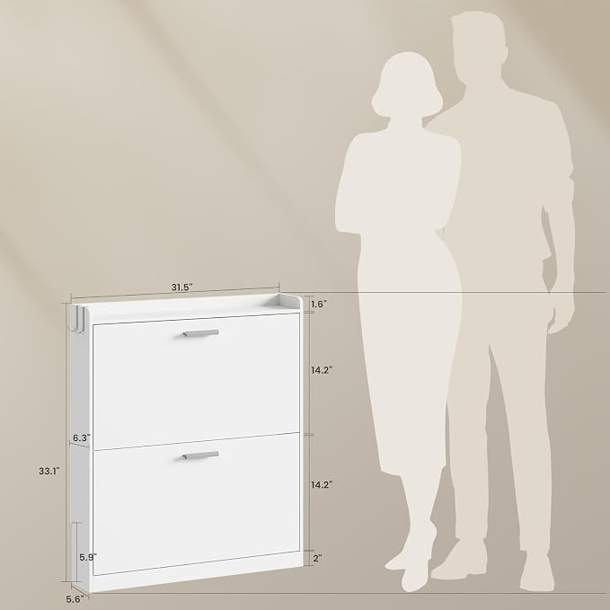 Shoe Cabinet Organizer with 2 Flip Drawers, Freestanding Shoe Rack Cabinet, 31.5" W × 6.3" D × 33.1" H Narrow Shoe Cabinet Storage for Entryway, Foyer, Hallway, White