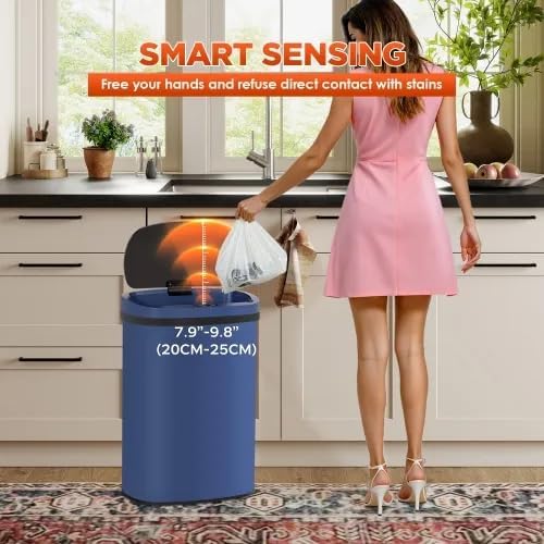 13 Gallon Automatic Trash Can with Lid, Touch Free Stainless Steel Kitchen Trash Can Touchless Garbage Can 50L High Capacity Electronic Sensor Trash Bin Waste Bin for Room Kitchen Office (Deep Blue)
