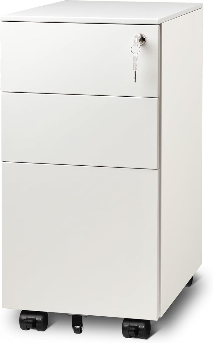DEVAISE 3 Drawer Mobile File Cabinet with Lock, Under Desk Metal Filing Cabinet for Home Office Fit Legal/Letter/A4 File, Fully Assembled - White