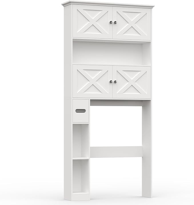Halitaa Over The Toilet Storage Cabinet with Doors & Paper Holder, White | Halitaa Farmhouse Toilet Shelf Home Space Saver with 4 Barn Doors & Toilet Paper Holder Stand for Restroom, Bathroom, Laundry